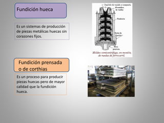 Fundición hueca
Es un sistemas de producción
de piezas metálicas huecas sin
corazones fijos.
Fundición prensada
o de corthias
Es un proceso para producir
piezas huecas pero de mayor
calidad que la fundición
hueca.
 