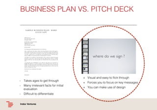BUSINESS PLAN VS. PITCH DECK!

+ Visual and easy to ﬂick through!
-  Takes ages to get through!
-  Many irrelevant facts f...