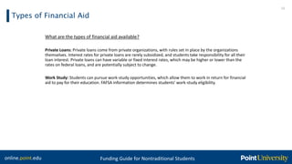 online.point.edu Funding Guide for Nontraditional Students
Types of Financial Aid
11
What are the types of financial aid available?
Private Loans: Private loans come from private organizations, with rules set in place by the organizations
themselves. Interest rates for private loans are rarely subsidized, and students take responsibility for all their
loan interest. Private loans can have variable or fixed interest rates, which may be higher or lower than the
rates on federal loans, and are potentially subject to change.
Work Study: Students can pursue work-study opportunities, which allow them to work in return for financial
aid to pay for their education. FAFSA information determines students' work-study eligibility.
 
