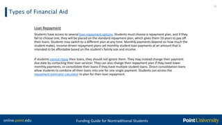online.point.edu Funding Guide for Nontraditional Students
Types of Financial Aid
13
Loan Repayment
Students have access to several loan repayment options. Students must choose a repayment plan, and if they
fail to choose one, they will be placed on the standard repayment plan, which gives them 10 years to pay off
their loans. Students may switch to a different plan at any time. Monthly payments depend on how much the
student makes. Income-driven repayment plans set monthly student loan payments at an amount that is
intended to be affordable based on the student's family size and income.
If students cannot repay their loans, they should not ignore them. They may instead change their payment
due date by contacting their loan servicer. They can also change their repayment plan if they need lower
monthly payments, or consolidate their loans if they have multiple student loans. Direct consolidation loans
allow students to combine all their loans into one for one single payment. Students can access the
repayment estimator calculator to plan for their loan repayment.
 