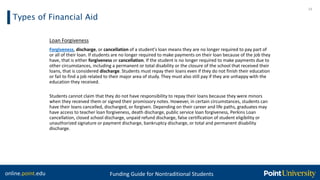online.point.edu Funding Guide for Nontraditional Students
Types of Financial Aid
14
Loan Forgiveness
Forgiveness, discharge, or cancellation of a student's loan means they are no longer required to pay part of
or all of their loan. If students are no longer required to make payments on their loan because of the job they
have, that is either forgiveness or cancellation. If the student is no longer required to make payments due to
other circumstances, including a permanent or total disability or the closure of the school that received their
loans, that is considered discharge. Students must repay their loans even if they do not finish their education
or fail to find a job related to their major area of study. They must also still pay if they are unhappy with the
education they received.
Students cannot claim that they do not have responsibility to repay their loans because they were minors
when they received them or signed their promissory notes. However, in certain circumstances, students can
have their loans cancelled, discharged, or forgiven. Depending on their career and life paths, graduates may
have access to teacher loan forgiveness, death discharge, public service loan forgiveness, Perkins Loan
cancellation, closed school discharge, unpaid refund discharge, false certification of student eligibility or
unauthorized signature or payment discharge, bankruptcy discharge, or total and permanent disability
discharge.
 