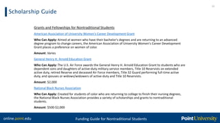 online.point.edu Funding Guide for Nontraditional Students
Scholarship Guide
21
Grants and Fellowships for Nontraditional Students
American Association of University Women's Career Development Grant
Who Can Apply: Aimed at women who have their bachelor's degrees and are returning to an advanced
degree program to change careers, the American Association of University Women's Career Development
Grant places a preference on women of color.
Amount: Varies
General Henry H. Arnold Education Grant
Who Can Apply: The U.S. Air Force awards the General Henry H. Arnold Education Grant to students who are
dependent sons and daughters of active-duty military service members, Title 10 Reservists on extended
active duty, retired Reserve and deceased Air Force members, Title 32 Guard performing full-time active
duty, and spouses or widows/widowers of active-duty and Title 10 Reservists.
Amount: $2,000
National Black Nurses Association
Who Can Apply: Created for students of color who are returning to college to finish their nursing degrees,
the National Black Nurses Association provides a variety of scholarships and grants to nontraditional
students.
Amount: $500-$2,000
 