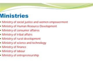 Ministries
 Ministry of social justice and women empowerment
 Ministry of Human Resource Development
 Ministry of consumer affaires
 Ministry of tribal affairs
 Ministry of rural development
 Ministry of science and technology
 Ministry of finance
 Ministry of labour
 Ministry of entrepreneurship
Ministry of social justice and women empowerment
Ministry of Human Resource Development
Ministry of science and technology
 
