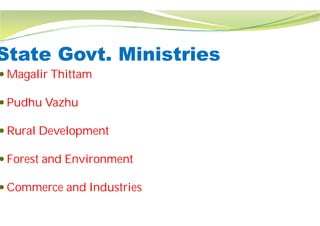 State Govt. Ministries
 Magalir Thittam
 Pudhu Vazhu
 Rural Development
 Forest and Environment
 Commerce and Industries
State Govt. Ministries
 