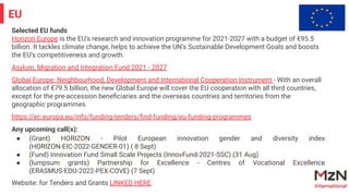 Selected EU funds
Horizon Europe is the EU's research and innovation programme for 2021-2027 with a budget of €95.5
billio...
