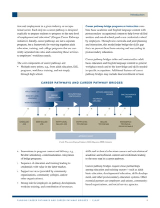 Introduction



tion and employment in a given industry or occupa-                               Career pathway bridge programs or instruction com-
tional sector. Each step on a career pathway is designed                         bine basic academic and English language content with
explicitly to prepare students to progress to the next level                     postsecondary occupational content to help lower-skilled
of employment and education” (Oregon Career Pathways                             workers and out-of-school youth earn credentials valued
initiative). Ideally, career pathways are not a separate                         by employers. Through new curricula and joint planning
program, but a framework for weaving together adult                              and instruction, this model helps bridge the skills gap
education, training, and college programs that are cur-                          that can prevent them from entering and succeeding in
rently separated into silos and connecting those services                        postsecondary education.
to employers’ workforce needs.
                                                                                 Career pathway bridges tailor and contextualize adult
The core components of career pathways are:                                      basic education and English language content to general
• Multiple entry points, e.g., from adult education, ESL                         workplace needs and to the knowledge and skills needed
  programs, workforce training, and not simply                                   in specific occupations. Additional features of career
  through high school.                                                           pathway bridges may include dual enrollment in basic


                          C A R E E R PATH WAYS A N D C A R E E R PATH WAY B R I D G E S


         ADULT BASIC ED                                                                        APPLIED ASSOCIATE
                                                          OCCUPATIONAL                                   DEGREE           BACCALAUREATE
         ENGLISH LANG.                 BRIDGE
                                                           CERTIFICATES                                                      DEGREE
           LEARNING                 INSTRUCTION
                                                                                           TECHNICAL
                                                                                           DIPLOMA
        WORK READINESS




  UNSKILLED          SEMI SKILLED          ENTRY LEVEL               ENTRY LEVEL                    SKILLED              MANAGERS &
    JOB                  JOB               SKILLED JOB               TECHNICIAN                   TECHNICIAN              TECHNICAL
                                                                                                                        PROFESSIONALS




                                                                        APPRENTICESHIP


                                               Credit: Wisconsin Regional Industry Skills Education (RISE) Initiative




• Innovations in program content and delivery, e.g.,                             skills and technical education courses and articulation of
  flexible scheduling, contextualization, integration                            academic and technical content and credentials leading
  of bridge programs.                                                            to the next step in a career pathway.
• Sequence of education and training leading to
  credentials with value in the labor market.                                    Career pathway bridges require close partnerships
                                                                                 among education and training sectors—such as adult
• Support services (provided by community
                                                                                 basic education, developmental education, skills develop-
  organizations, community colleges, and/or
                                                                                 ment, and other postsecondary education systems. Other
  other organizations).
                                                                                 essential partners are employers and unions, community-
• Strong role for employers in pathway development,
                                                                                 based organizations, and social service agencies.
  worksite training, and contribution of resources.



F U N D I N G C A R E E R PAT H WAY S A N D C A R E E R PAT H WAY B R I D G E S        |   CLASP                                                 4
 