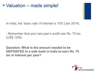 + Valuation – made simple!
In India, the ‘basic rate’ of Interest is 10% (Jan 2014)
- Remember that your last year’s profit was Rs. 75 lac
(US$ 125k)
Question: What is the amount needed to be
DEPOSITED in a safe bank in India to earn Rs. 75
lac in Interest per year?
 