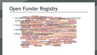 Open Funder Registry
• 14,000+ funder names and ID numbers from curated Elsevier
SciVal registry
• Hosted by Crossref, available under CC0
• Updated and extended monthly
• Must be used to ensure consistency
 