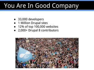 You Are In Good Company
● 33,000 developers
● 1 Million Drupal sites
● 12% of top 100,000 websites
● 2,000+ Drupal 8 contributors
 