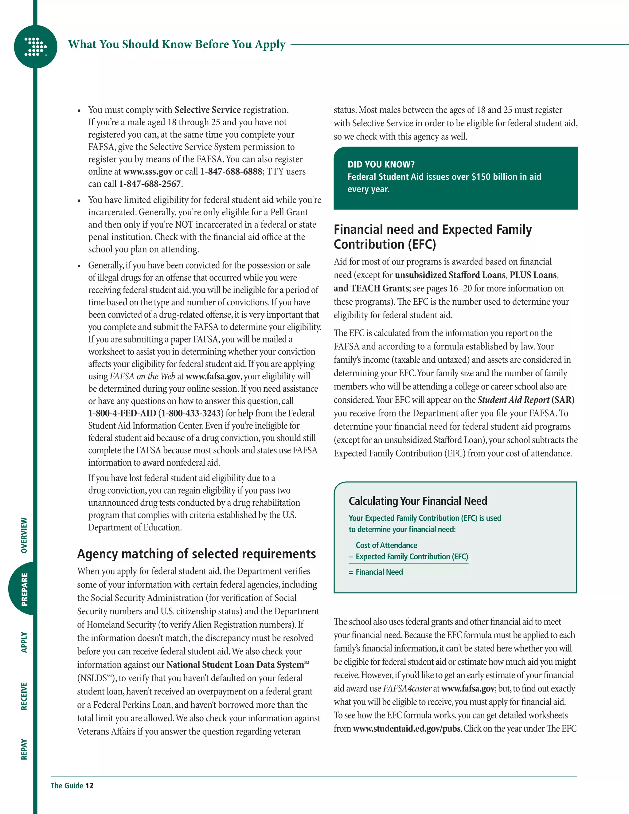 What You Should Know Before You Apply




                  •	  ou must comply with Selective Service registration.
                     Y                                                                       status. Most males between the ages of 18 and 25 must register
                     If you’re a male aged 18 through 25 and you have not                    with Selective Service in order to be eligible for federal student aid,
                     registered you can, at the same time you complete your                  so we check with this agency as well.
                     FAFSA, give the Selective Service System permission to
                     register you by means of the FAFSA. You can also register
                                                                                                 DID YOU KNOW?
                     online at www.sss.gov or call 1-847-688-6888; TTY users
                                                                                                 Federal Student Aid issues over $150 billion in aid
                     can call 1-847-688-2567.
                                                                                                 every year.
                  •	  ou have limited eligibility for federal student aid while you're
                     Y
                     incarcerated. Generally, you're only eligible for a Pell Grant
                     and then only if you're NOT incarcerated in a federal or state
                     penal institution. Check with the financial aid office at the
                                                                                             Financial need and Expected Family
                     school you plan on attending.                                           Contribution (EFC)
                  •	  enerally, if you have been convicted for the possession or sale
                     G                                                                       Aid for most of our programs is awarded based on financial
                     of illegal drugs for an offense that occurred while you were            need (except for unsubsidized Stafford Loans, PLUS Loans,
                     receiving federal student aid, you will be ineligible for a period of   and TEACH Grants; see pages 16–20 for more information on
                     time based on the type and number of convictions. If you have           these programs). The EFC is the number used to determine your
                     been convicted of a drug-related offense, it is very important that     eligibility for federal student aid.
                     you complete and submit the FAFSA to determine your eligibility.
                                                                                             The EFC is calculated from the information you report on the
                     If you are submitting a paper FAFSA, you will be mailed a
                                                                                             FAFSA and according to a formula established by law. Your
                     worksheet to assist you in determining whether your conviction
                     affects your eligibility for federal student aid. If you are applying   family’s income (taxable and untaxed) and assets are considered in
                     using FAFSA on the Web at www.fafsa.gov, your eligibility will          determining your EFC. Your family size and the number of family
                     be determined during your online session. If you need assistance        members who will be attending a college or career school also are
                     or have any questions on how to answer this question, call              considered. Your EFC will appear on the Student Aid Report (SAR)
                     1-800-4-FED-AID (1-800-433-3243) for help from the Federal              you receive from the Department after you file your FAFSA. To
                     Student Aid Information Center. Even if you’re ineligible for           determine your financial need for federal student aid programs
                     federal student aid because of a drug conviction, you should still      (except for an unsubsidized Stafford Loan), your school subtracts the
                     complete the FAFSA because most schools and states use FAFSA            Expected Family Contribution (EFC) from your cost of attendance.
                     information to award nonfederal aid.
                     I
                      f you have lost federal student aid eligibility due to a
                     drug conviction, you can regain eligibility if you pass two
                     unannounced drug tests conducted by a drug rehabilitation                   Calculating Your Financial Need
                     program that complies with criteria established by the U.S.                 Your Expected Family Contribution (EFC) is used
OVERVIEW




                     Department of Education.                                                    to determine your financial need:
                                                                                                 	 Cost of Attendance
                  Agency matching of selected requirements                                       –	 Expected Family Contribution (EFC)
                  When you apply for federal student aid, the Department verifies                =	Financial Need
PREPARE




                  some of your information with certain federal agencies, including
                  the Social Security Administration (for verification of Social
                  Security numbers and U.S. citizenship status) and the Department
                  of Homeland Security (to verify Alien Registration numbers). If            The school also uses federal grants and other financial aid to meet
                  the information doesn’t match, the discrepancy must be resolved            your financial need. Because the EFC formula must be applied to each
APPLY




                  before you can receive federal student aid. We also check your             family’s financial information, it can't be stated here whether you will
                  information against our National Student Loan Data SystemSM                be eligible for federal student aid or estimate how much aid you might
                  (NSLDSSM), to verify that you haven’t defaulted on your federal            receive. However, if you’d like to get an early estimate of your financial
                                                                                             aid award use FAFSA4caster at www.fafsa.gov; but, to find out exactly
RECEIVE




                  student loan, haven’t received an overpayment on a federal grant
                  or a Federal Perkins Loan, and haven’t borrowed more than the              what you will be eligible to receive, you must apply for financial aid.
                  total limit you are allowed. We also check your information against        To see how the EFC formula works, you can get detailed worksheets
                  Veterans Affairs if you answer the question regarding veteran              from www.studentaid.ed.gov/pubs. Click on the year under The EFC
REPAY




           The Guide 12
 