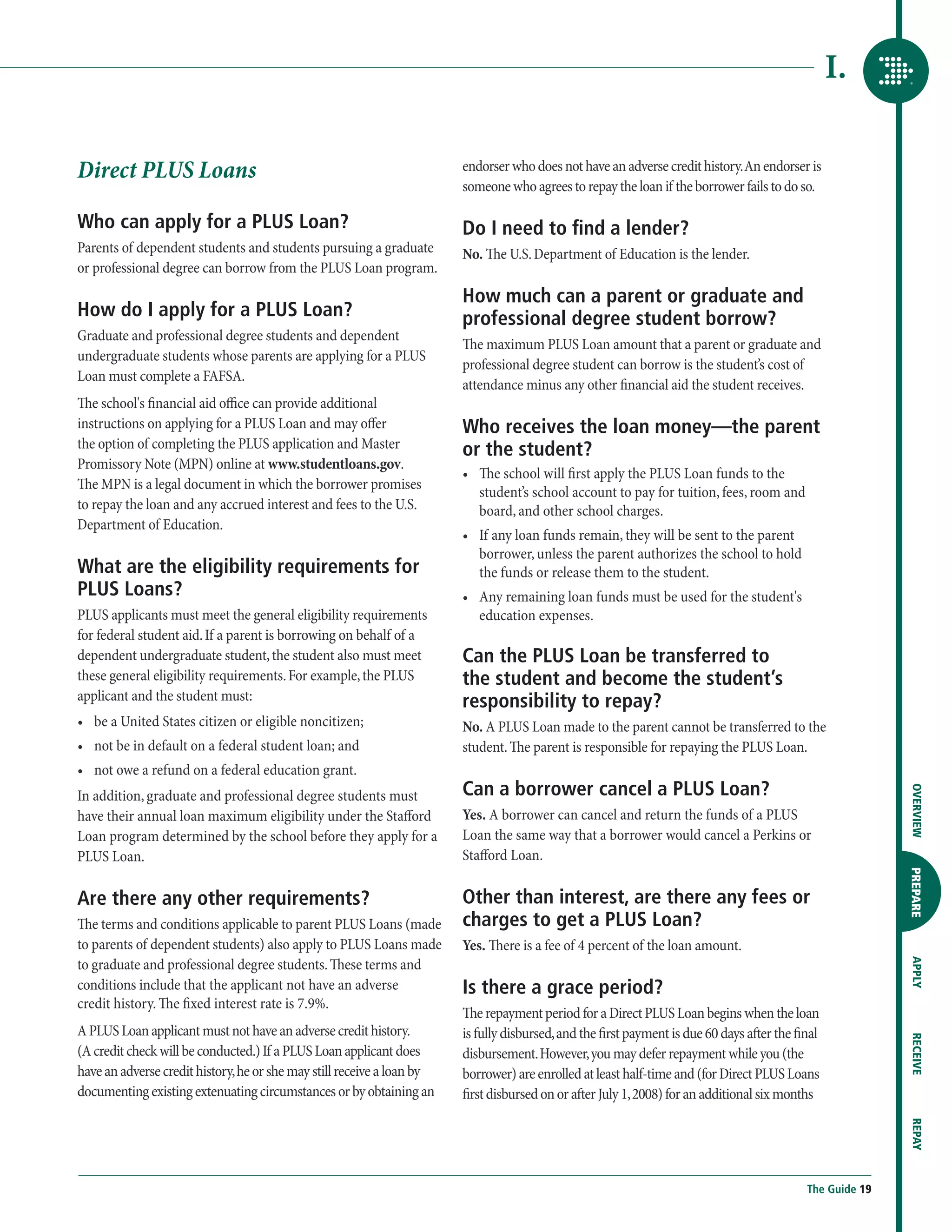 I.

Direct PLUS Loans                                                       endorser who does not have an adverse credit history. An endorser is
                                                                        someone who agrees to repay the loan if the borrower fails to do so.

Who can apply for a PLUS Loan?                                          Do I need to find a lender?
Parents of dependent students and students pursuing a graduate          No. The U.S. Department of Education is the lender.
or professional degree can borrow from the PLUS Loan program.
                                                                        How much can a parent or graduate and
How do I apply for a PLUS Loan?                                         professional degree student borrow?
Graduate and professional degree students and dependent
                                                                        The maximum PLUS Loan amount that a parent or graduate and
undergraduate students whose parents are applying for a PLUS
                                                                        professional degree student can borrow is the student’s cost of
Loan must complete a FAFSA.
                                                                        attendance minus any other financial aid the student receives.
The school's financial aid office can provide additional
instructions on applying for a PLUS Loan and may offer                  Who receives the loan money—the parent
the option of completing the PLUS application and Master                or the student?
Promissory Note (MPN) online at www.studentloans.gov.
                                                                        •	  e school will first apply the PLUS Loan funds to the
                                                                           Th
The MPN is a legal document in which the borrower promises
                                                                           student’s school account to pay for tuition, fees, room and
to repay the loan and any accrued interest and fees to the U.S.            board, and other school charges.
Department of Education.
                                                                        •	  f any loan funds remain, they will be sent to the parent
                                                                           I
                                                                           borrower, unless the parent authorizes the school to hold
What are the eligibility requirements for                                  the funds or release them to the student.
PLUS Loans?                                                             •	  ny remaining loan funds must be used for the student's
                                                                           A
PLUS applicants must meet the general eligibility requirements             education expenses.
for federal student aid. If a parent is borrowing on behalf of a
dependent undergraduate student, the student also must meet             Can the PLUS Loan be transferred to
these general eligibility requirements. For example, the PLUS           the student and become the student’s
applicant and the student must:                                         responsibility to repay?
•	  e a United States citizen or eligible noncitizen;
   b                                                                    No. A PLUS Loan made to the parent cannot be transferred to the
•	  ot be in default on a federal student loan; and
   n                                                                    student. The parent is responsible for repaying the PLUS Loan.
•	  ot owe a refund on a federal education grant.
   n
                                                                        Can a borrower cancel a PLUS Loan?




                                                                                                                                                            OVERVIEW
In addition, graduate and professional degree students must
have their annual loan maximum eligibility under the Stafford           Yes. A borrower can cancel and return the funds of a PLUS
Loan program determined by the school before they apply for a           Loan the same way that a borrower would cancel a Perkins or
PLUS Loan.                                                              Stafford Loan.


                                                                                                                                                            PREPARE
Are there any other requirements?                                       Other than interest, are there any fees or
The terms and conditions applicable to parent PLUS Loans (made          charges to get a PLUS Loan?
to parents of dependent students) also apply to PLUS Loans made         Yes. There is a fee of 4 percent of the loan amount.
to graduate and professional degree students. These terms and
                                                                                                                                                            APPLY




conditions include that the applicant not have an adverse               Is there a grace period?
credit history. The fixed interest rate is 7.9%.
                                                                        The repayment period for a Direct PLUS Loan begins when the loan
A PLUS Loan applicant must not have an adverse credit history.          is fully disbursed, and the first payment is due 60 days after the final
                                                                                                                                                            RECEIVE




(A credit check will be conducted.) If a PLUS Loan applicant does       disbursement. However, you may defer repayment while you (the
have an adverse credit history, he or she may still receive a loan by   borrower) are enrolled at least half-time and (for Direct PLUS Loans
documenting existing extenuating circumstances or by obtaining an       first disbursed on or after July 1, 2008) for an additional six months
                                                                                                                                                            REPAY




                                                                                                                                             The Guide 19
 