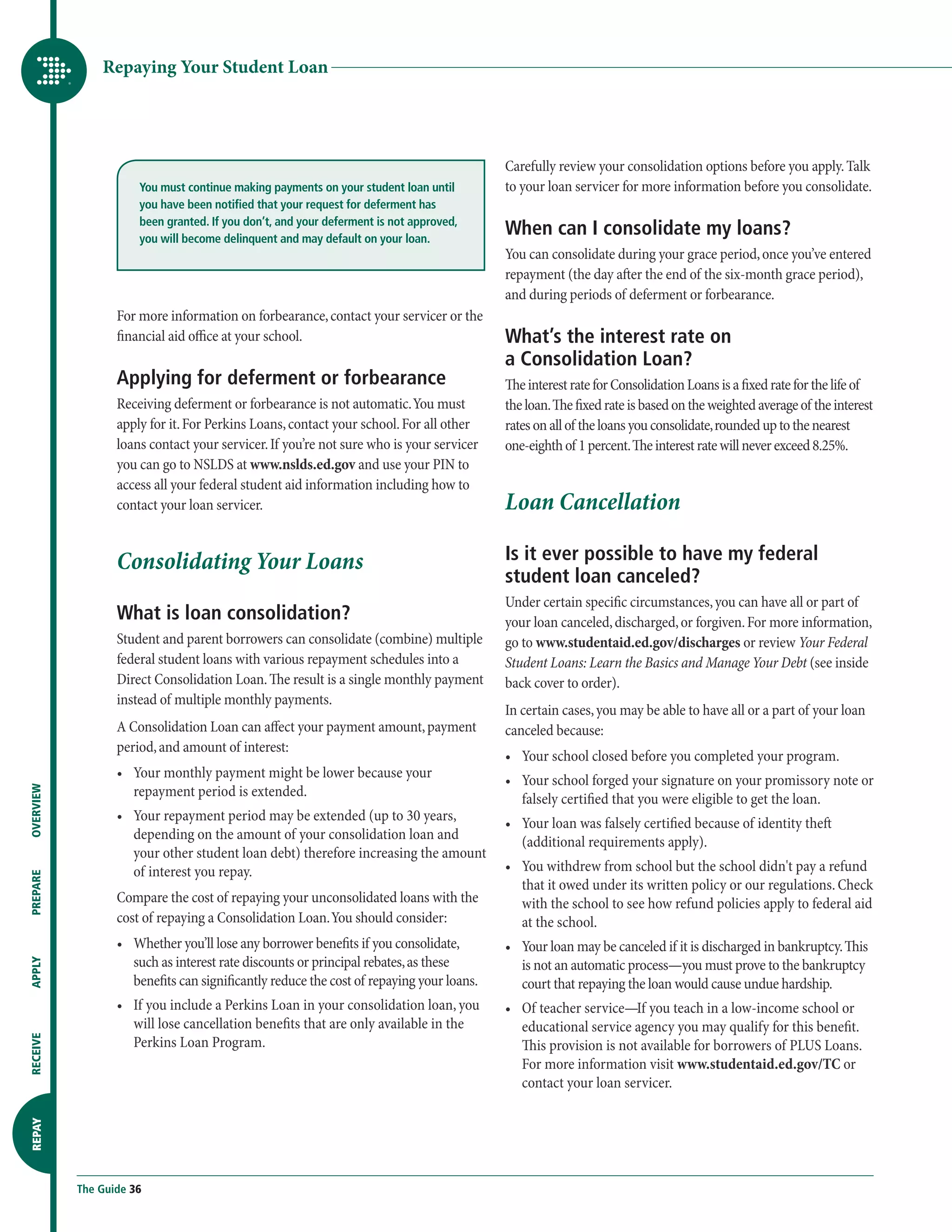 Repaying Your Student Loan




                                                                                          Carefully review your consolidation options before you apply. Talk
                      You must continue making payments on your student loan until        to your loan servicer for more information before you consolidate.
                      you have been notified that your request for deferment has
                      been granted. If you don’t, and your deferment is not approved,
                      you will become delinquent and may default on your loan.
                                                                                          When can I consolidate my loans?
                                                                                          You can consolidate during your grace period, once you’ve entered
                                                                                          repayment (the day after the end of the six-month grace period),
                                                                                          and during periods of deferment or forbearance.
                  For more information on forbearance, contact your servicer or the
                  financial aid office at your school.                                    What’s the interest rate on
                                                                                          a Consolidation Loan?
                  Applying for deferment or forbearance                                   The interest rate for Consolidation Loans is a fixed rate for the life of
                  Receiving deferment or forbearance is not automatic. You must           the loan. The fixed rate is based on the weighted average of the interest
                  apply for it. For Perkins Loans, contact your school. For all other     rates on all of the loans you consolidate, rounded up to the nearest
                  loans contact your servicer. If you’re not sure who is your servicer    one-eighth of 1 percent. The interest rate will never exceed 8.25%.
                  you can go to NSLDS at www.nslds.ed.gov and use your PIN to
                  access all your federal student aid information including how to
                  contact your loan servicer.                                             Loan Cancellation

                  Consolidating Your Loans                                                Is it ever possible to have my federal
                                                                                          student loan canceled?
                                                                                          Under certain specific circumstances, you can have all or part of
                  What is loan consolidation?                                             your loan canceled, discharged, or forgiven. For more information,
                  Student and parent borrowers can consolidate (combine) multiple         go to www.studentaid.ed.gov/discharges or review Your Federal
                  federal student loans with various repayment schedules into a           Student Loans: Learn the Basics and Manage Your Debt (see inside
                  Direct Consolidation Loan. The result is a single monthly payment       back cover to order).
                  instead of multiple monthly payments.
                                                                                          In certain cases, you may be able to have all or a part of your loan
                  A Consolidation Loan can affect your payment amount, payment            canceled because:
                  period, and amount of interest:
                                                                                          •	  our school closed before you completed your program.
                                                                                             Y
                  •	  our monthly payment might be lower because your
                     Y                                                                    •	  our school forged your signature on your promissory note or
                                                                                             Y
                     repayment period is extended.
OVERVIEW




                                                                                             falsely certified that you were eligible to get the loan.
                  •	  our repayment period may be extended (up to 30 years,
                     Y                                                                    •	  our loan was falsely certified because of identity theft
                                                                                             Y
                     depending on the amount of your consolidation loan and                  (additional requirements apply).
                     your other student loan debt) therefore increasing the amount
                     of interest you repay.                                               •	  ou withdrew from school but the school didn't pay a refund
                                                                                             Y
PREPARE




                                                                                             that it owed under its written policy or our regulations. Check
                  Compare the cost of repaying your unconsolidated loans with the            with the school to see how refund policies apply to federal aid
                  cost of repaying a Consolidation Loan. You should consider:                at the school.
                  •	  hether you’ll lose any borrower benefits if you consolidate,
                     W                                                                    •	  our loan may be canceled if it is discharged in bankruptcy. This
                                                                                             Y
                     such as interest rate discounts or principal rebates, as these          is not an automatic process—you must prove to the bankruptcy
APPLY




                     benefits can significantly reduce the cost of repaying your loans.      court that repaying the loan would cause undue hardship.
                  •	  f you include a Perkins Loan in your consolidation loan, you
                     I                                                                    •	  f teacher service—If you teach in a low-income school or
                                                                                             O
                     will lose cancellation benefits that are only available in the          educational service agency you may qualify for this benefit.
RECEIVE




                     Perkins Loan Program.                                                   This provision is not available for borrowers of PLUS Loans.
                                                                                             For more information visit www.studentaid.ed.gov/TC or
                                                                                             contact your loan servicer.
REPAY




           The Guide 36
 