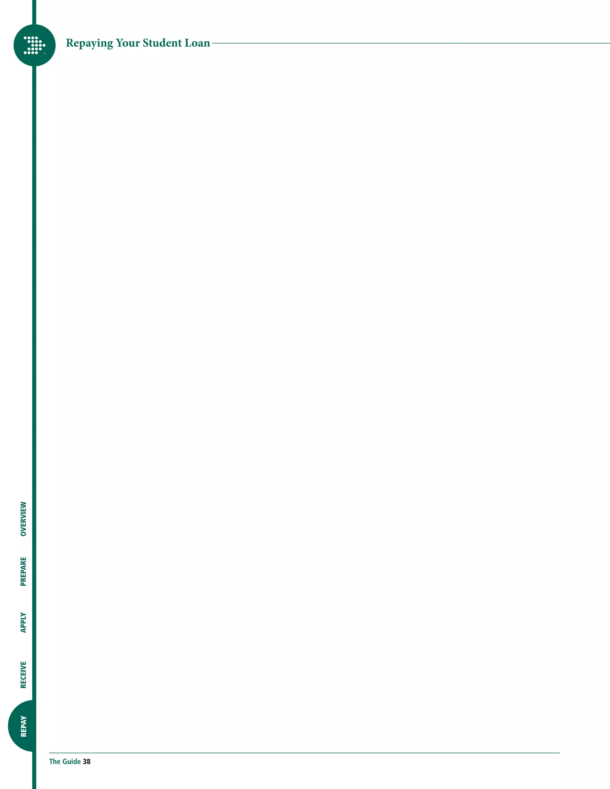 Repaying Your Student Loan
OVERVIEW
PREPARE
APPLY
RECEIVE
REPAY




           The Guide 38
 