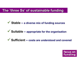 The ‘three Ss’ of sustainable funding


    Stable – a diverse mix of funding sources

    Suitable – appropriate for the organisation

    Sufficient – costs are understood and covered
 