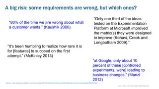 v 3.4 © 1993 – 2017 Scrum.org All Rights Reserved
A big risk: some requirements are wrong, but which ones?
“Only one third of the ideas
tested on the Experimentation
Platform at Microsoft improved
the metric(s) they were designed
to improve (Kohavi, Crook and
Longbotham 2009).”
“at Google, only about 10
percent of these [controlled
experiments, were] leading to
business changes.” (Manzi
2012)
“80% of the time we are wrong about what
a customer wants.” (Kaushik 2006)
“It's been humbling to realize how rare it is
for [features] to succeed on the first
attempt.” (McKinley 2013)
Source: http://www.exp-platform.com/Documents/2015%20Online%20Controlled%20Experiments_EncyclopediaOfMLDM.pdf
 