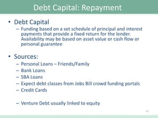 Debt Capital: Repayment
• Debt Capital

– Funding based on a set schedule of principal and interest
payments that provide a fixed return for the lender.
Availability may be based on asset value or cash flow or
personal guarantee

• Sources:
–
–
–
–
–

Personal Loans – Friends/Family
Bank Loans
SBA Loans
Expect debt classes from Jobs Bill crowd funding portals
Credit Cards

– Venture Debt usually linked to equity
15

 