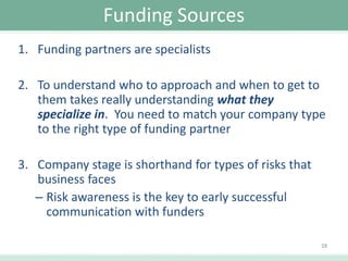 Funding Sources
1. Funding partners are specialists
2. To understand who to approach and when to get to
them takes really understanding what they
specialize in. You need to match your company type
to the right type of funding partner
3. Company stage is shorthand for types of risks that
business faces
– Risk awareness is the key to early successful
communication with funders
28

 