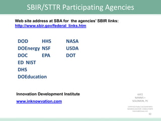 SBIR/STTR Participating Agencies
Web site address at SBA for the agencies’ SBIR links:
http://www.sbir.gov/federal_links.htm

DOD
HHS
DOEnergy NSF
DOC
EPA
ED NIST
DHS
DOEducation

NASA
USDA
DOT

Innovation Development Institute
www.inknowvation.com

KATZ
NANNIS +
SOLOMON, PC
CERTIFIED PUBLIC ACCOUNTANTS
BUSINESS ADVISOR CONSULTANTS
lnannis@knscpa.com

32

 