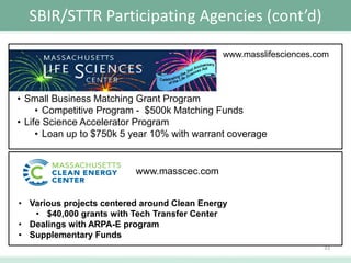 SBIR/STTR Participating Agencies (cont’d)
www.masslifesciences.com

• Small Business Matching Grant Program
• Competitive Program - $500k Matching Funds
• Life Science Accelerator Program
• Loan up to $750k 5 year 10% with warrant coverage

www.masscec.com
• Various projects centered around Clean Energy
• $40,000 grants with Tech Transfer Center
• Dealings with ARPA-E program
• Supplementary Funds
33

 