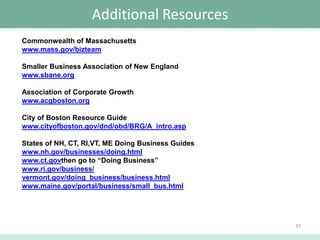 Additional Resources
Commonwealth of Massachusetts
www.mass.gov/bizteam
Smaller Business Association of New England
www.sbane.org
Association of Corporate Growth
www.acgboston.org
City of Boston Resource Guide
www.cityofboston.gov/dnd/obd/BRG/A_intro.asp
States of NH, CT, RI,VT, ME Doing Business Guides
www.nh.gov/businesses/doing.html
www.ct.govthen go to “Doing Business”
www.ri.gov/business/
vermont.gov/doing_business/business.html
www.maine.gov/portal/business/small_bus.html

37

 