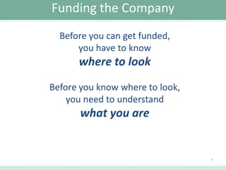 Funding the Company
Before you can get funded,
you have to know

where to look
Before you know where to look,
you need to understand

what you are

7

 