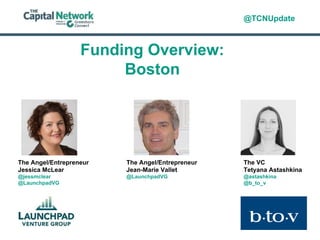 Funding Overview:
Boston
The Angel/Entrepreneur
Jean-Marie Vallet
@LaunchpadVG
The VC
Tetyana Astashkina
@astashkina
@b_to_v
The Angel/Entrepreneur
Jessica McLear
@jessmclear
@LaunchpadVG
@TCNUpdate
 