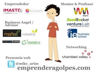Emprendedor

Mentor & Profesor

Business Angel /
Advisor

Networking
Presencia web
@mike_arias

emprenderagolpes.com

 