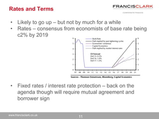 www.francisclark.co.uk
Rates and Terms
• Likely to go up – but not by much for a while
• Rates – consensus from economists of base rate being
c2% by 2019
• Fixed rates / interest rate protection – back on the
agenda though will require mutual agreement and
borrower sign
11
 