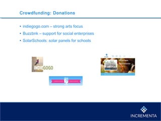 Crowdfunding: Donations
• indiegogo.com – strong arts focus
• Buzzbnk – support for social enterprises
• SolarSchools: solar panels for schools
 