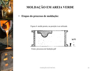 MOLDAÇÃO EM AREIA VERDE

• Etapas do processo de moldação:


         Figura 4: molde pronto, na posição á ser utilizada




          Fonte: processos de fundição.pdf




                     FUNDIÇÃO DOS METAIS                      16
 