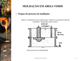 MOLDAÇÃO EM AREIA VERDE

• Etapas do processo de moldação:

     Figura 5: colocação da caixa superior para verificar se a posição do canal de
                       vazamento e alimentador estão corretas.




             Fonte: processos de fundição.pdf



                         FUNDIÇÃO DOS METAIS                                         17
 