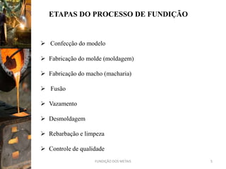 ETAPAS DO PROCESSO DE FUNDIÇÃO


 Confecção do modelo

 Fabricação do molde (moldagem)

 Fabricação do macho (macharia)

 Fusão

 Vazamento

 Desmoldagem

 Rebarbação e limpeza

 Controle de qualidade
                   FUNDIÇÃO DOS METAIS   5
 