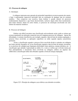 38 
2.5 - Processos de soldagem 
A - Introdução 
A soldagem representa uma operação de primordial importância no processamento dos metais, 
e hoje é praticamente impossível prescindir dela na construção de qualquer tipo de estrutura 
metálica. Para comprovar esta assertiva, basta lembrar o grande número de processos 
modernamente disponíveis e que foram desenvolvidos, inclusive alguns deles bem recentemente, 
para tentar otimizar, dentro de certos limites, os processos de construção envolvendo um sem-número 
de materiais metálicos. 
B - Processos de Soldagem 
Embora seja difícil encontrar uma classificação universalmente aceita, pode-se estimar que 
existem atualmente em utilização comercial cerca de cinqüenta processos de soldagem. Apesar das 
dificuldades, é costume classificá-los, por exemplo, segundo o tipo de fonte de energia empregada, o 
processo físico envolvido, as aplicações específicas ou então segundo alguma característica 
pertinente. 
Assim, a classificação segundo o processo físico envolvido divide os métodos em soldagem 
por fusão, pressão, brasagem, etc; já na classificação segundo o tipo de fonte de energia, encontram-se 
os processos de soldagem que empregam eletricidade, fontes químicas, energia mecânica, etc. A 
classificação aqui adotada é apresentada na tabela 2.2, e nela se verifica que a divisão tomou por 
base principalmente o mecanismo físico envolvido na soldagem, embora em algumas das 
subdivisões a classificação tenha sido efetuadas segundo a forma de energia empregada. 
Figura 2.25 - Princípio da soldagem a arco elétrico com eletrodos revestidos. 
 