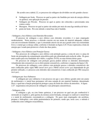 De acordo com a tabela 2.2, os processos de soldagem são divididos em três grandes classes: 
· Soldagem por fusão. Processo no qual as partes são fundidas por meio de energia elétrica 
40 
ou química, sem aplicação de pressão. 
· Soldagem por Pressão. Processo no qual as partes são colescidas e pressionadas uma 
contra a outra. 
· Brasagem. Processo no qual as partes são unidas por meio de uma liga metálica de baixo 
· ponto de fusão. Por este método o metal base não é fundido. 
- Soldagem a Arco Elétrico com Eletrodos Revestidos 
O processo de soldagem a arco elétrico com eletrodos revestidos é o mais empregado 
modernamente. Neste processo, o eletrodo consiste em um arame de material adequado, coberto 
com um revestimento fundente, e que é consumido através de um arco gerado entre sua extremidade 
livre e o metal que se deseja soldar, conforme é ilustrado na figura 2.25. O arco representa a fonte de 
energia que é usado para promover a fusão das duas partes. 
- Soldagem a Arco Elétrico com Proteção Gasosa 
Nos processos de soldagem a arco elétrico com proteção gasosa, a zona do arco e a poça de 
fusão são protegidas da contaminação atmosférica pelo gás alimentado pela tocha de solda. Os gases 
mais usados para esta finalidade são o hélio, o argônio, O CO2 ou uma mistura destes gases. 
Os processos de soldagem com proteção gasosa podem utilizar os eletrodos denominados 
virtualmente não-consumíveis ou os efetivamente consumíveis, conforme o esquema da figura 2.26. 
Os processos de soldagem a arco elétrico com proteção gasosa e eletrodos consumíveis são 
mais conhecidos pelas siglas MIG (metal inert gas) e MAG (metal active gas) dependendo do gás 
protetor utilizado, e o processo com eletrodos não-consumíveis é mais conhecido por TIG (tungsten 
inert gas). 
- Soldagem por Arco Submerso 
A soldagem por arco submerso é um processo em que o arco elétrico gerado entre um arame 
de enchimento e o metal base permanece sob uma camada de um material fundente, denominado 
fluxo, o qual tem a função principal de proteger a poça de fusão dos efeitos da atmosfera. A figura 
2.27 esquematiza este processo de soldagem e suas principais características. 
- Soldagem a Gás 
A soldagem a gás, ou com fontes químicas, é um processo no qual um gás combustível é 
misturado ao oxigênio e, pela queima da mistura assim formada, consegue-se coalescer o metal-base 
e o metal de enchimento, executando-se a soldagem. Os gases mais empregados são acetileno, 
propano e hidrogênio, com nítida predominância do primeiro, sendo que, neste caso, o método é 
conhecido como soldagem oxiacetilênica. 
 