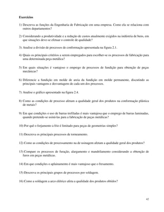 Exercícios 
1) Descreva as funções da Engenharia de Fabricação em uma empresa. Como ela se relaciona com 
outros departamentos? 
2) Considerando a produtividade e a redução de custos atualmente exigidos na indústria de bens, em 
que situações deve-se efetuar o controle de qualidade? 
3) Analise a divisão de processos de conformação apresentada na figura 2.1. 
4) Quais os principais critérios a serem empregados para escolher-se os processos de fabricação para 
uma determinada peça metálica? 
5) Em quais situações é vantajoso o emprego de processos de fundição para obtenção de peças 
mecânicas? 
6) Diferencie a fundição em molde de areia da fundição em molde permanente, discutindo as 
principais vantagens e desvantagens de cada um dos processos. 
42 
7) Analise o gráfico apresentado na figura 2.4. 
8) Como as condições de processo afetam a qualidade geral dos produtos na conformação plástica 
de metais? 
9) Em que condições o uso de barras trefiladas é mais vantajosa que o emprego de barras laminadas, 
quando pretende-se usiná-las para a fabricação de peças metálicas? 
10) Por quê o forjamento a frio é limitado para peças de geometrias simples? 
11) Descreva os principais processos de torneamento. 
12) Como as condições de processamento na de usinagem afetam a qualidade geral dos produtos? 
13) Compare os processos de furação, alargamento e mandrilamento considerando a obtenção de 
furos em peças metálicas. 
14) Em que condições o aplainamento é mais vantajoso que o fresamento. 
15) Descreva os principais grupos de processos por soldagem. 
16) Como a soldagem a arco elétrico afeta a qualidade dos produtos obtidos? 
 