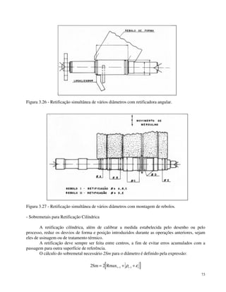 73 
Figura 3.26 - Retificação simultânea de vários diâmetros com retificadora angular. 
Figura 3.27 - Retificação simultânea de vários diâmetros com montagem de rebolos. 
- Sobremetais para Retificação Cilíndrica 
A retificação cilíndrica, além de calibrar a medida estabelecida pelo desenho ou pelo 
processo, reduz os desvios de forma e posição introduzidos durante as operações anteriores, sejam 
eles de usinagem ou de tratamento térmico. 
A retificação deve sempre ser feita entre centros, a fim de evitar erros acumulados com a 
passagem para outra superfície de referência. 
O cálculo do sobremetal necessário 2Sm para o diâmetro é definido pela expressão: 
2 2[ ] 1 1 Sm Rmaxi i i = + + - - r e 
 