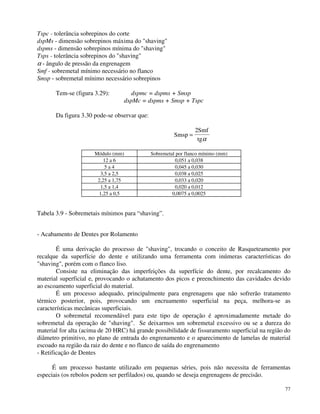 77 
Tspc - tolerância sobrepinos do corte 
dspMs - dimensão sobrepinos máxima do shaving 
dspms - dimensão sobrepinos mínima do shaving 
Tsps - tolerância sobrepinos do shaving 
a - ângulo de pressão da engrenagem 
Smf - sobremetal mínimo necessário no flanco 
Smsp - sobremetal mínimo necessário sobrepinos 
Tem-se (figura 3.29): dspmc = dspms + Smsp 
dspMc = dspms + Smsp + Tspc 
Da figura 3.30 pode-se observar que: 
Smsp 
Smf 
tg 
= 
2 
a 
Módulo (mm) Sobremetal por flanco mínimo (mm) 
12 a 6 0,051 a 0,038 
5 a 4 0,045 a 0,030 
3,5 a 2,5 0,038 a 0,025 
2,25 a 1,75 0,033 a 0,020 
1,5 a 1,4 0,020 a 0,012 
1,25 a 0,5 0,0075 a 0,0025 
Tabela 3.9 - Sobremetais mínimos para “shaving”. 
- Acabamento de Dentes por Rolamento 
É uma derivação do processo de shaving, trocando o conceito de Rasqueteamento por 
recalque da superfície do dente e utilizando uma ferramenta com inúmeras características do 
shaving, porém com o flanco liso. 
Consiste na eliminação das imperfeições da superfície do dente, por recalcamento do 
material superficial e, provocando o achatamento dos picos e preenchimento das cavidades devido 
ao escoamento superficial do material. 
É um processo adequado, principalmente para engrenagens que não sofrerão tratamento 
térmico posterior, pois, provocando um encruamento superficial na peça, melhora-se as 
características mecânicas superficiais. 
O sobremetal recomendável para este tipo de operação é aproximadamente metade do 
sobremetal da operação de shaving. Se deixarmos um sobremetal excessivo ou se a dureza do 
material for alta (acima de 20 HRC) há grande possibilidade de fissuramento superficial na região do 
diâmetro primitivo, no plano de entrada do engrenamento e o aparecimento de lamelas de material 
escoado na região da raiz do dente e no flanco de saída do engrenamento 
- Retificação de Dentes 
É um processo bastante utilizado em pequenas séries, pois não necessita de ferramentas 
especiais (os rebolos podem ser perfilados) ou, quando se deseja engrenagens de precisão. 
 