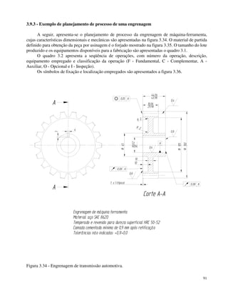 91 
3.9.3 - Exemplo de planejamento de processo de uma engrenagem 
A seguir, apresenta-se o planejamento de processo da engrenagem de máquina-ferramenta, 
cujas características dimensionais e mecânicas são apresentadas na figura 3.34. O material de partida 
definido para obtenção da peça por usinagem é o forjado mostrado na figura 3.35. O tamanho do lote 
produzido e os equipamentos disponíveis para a fabricação são apresentadas o quadro 3.1. 
O quadro 3.2 apresenta a seqüência de operações, com número da operação, descrição, 
equipamento empregado e classificação da operação (F - Fundamental, C - Complementar, A - 
Auxiliar, O - Opcional e I - Inspeção). 
Os símbolos de fixação e localização empregados são apresentados a figura 3.36. 
 
 
 
 	
 
 