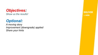 Objectives: 
Show us the results! 
Optional: 
A moving story 
Improvement (downgrade) applied 
Share your hints 
DELIVER 
5 min 
 
