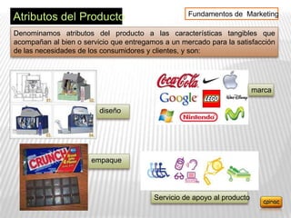 Fundamentos de Marketing
Atributos del Producto
Denominamos atributos del producto a las características tangibles que
acompañan al bien o servicio que entregamos a un mercado para la satisfacción
de las necesidades de los consumidores y clientes, y son:




                                                                         marca

                         diseño




                      empaque




                                         Servicio de apoyo al producto
 