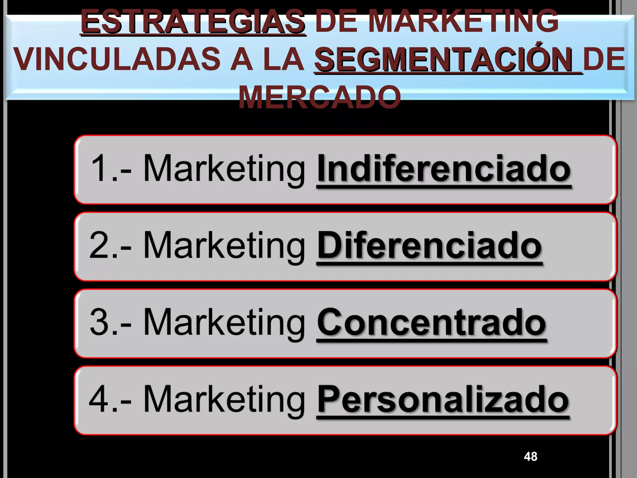 ESTRATEGIAS DE MARKETING
VINCULADAS A LA SEGMENTACIÓN DE
           MERCADO




                         48
 