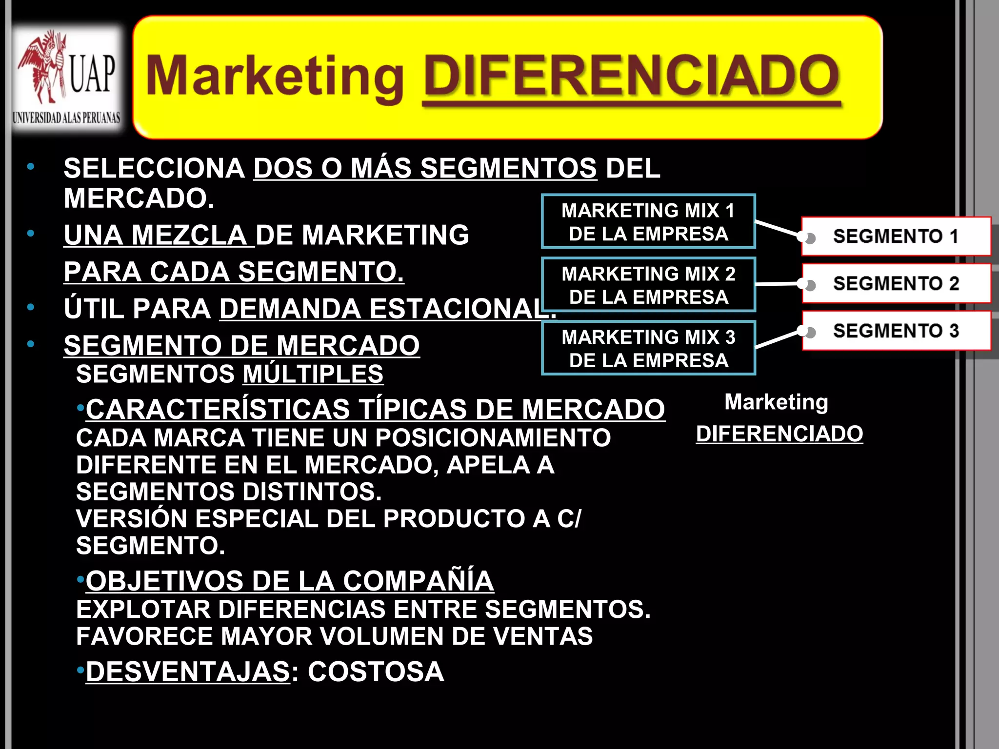 Marketing DIFERENCIADO



•   SELECCIONA DOS O MÁS SEGMENTOS DEL
    MERCADO.                      MARKETING MIX 1
•   UNA MEZCLA DE MARKETING       DE LA EMPRESA

    PARA CADA SEGMENTO.           MARKETING MIX 2
                                  DE LA EMPRESA
•   ÚTIL PARA DEMANDA ESTACIONAL.
                                  MARKETING MIX 3
•   SEGMENTO DE MERCADO           DE LA EMPRESA
    SEGMENTOS MÚLTIPLES
    •CARACTERÍSTICAS TÍPICAS DE MERCADO         Marketing
    CADA MARCA TIENE UN POSICIONAMIENTO       DIFERENCIADO
    DIFERENTE EN EL MERCADO, APELA A
    SEGMENTOS DISTINTOS.
    VERSIÓN ESPECIAL DEL PRODUCTO A C/
    SEGMENTO.
    •OBJETIVOS DE LA COMPAÑÍA
    EXPLOTAR DIFERENCIAS ENTRE SEGMENTOS.
    FAVORECE MAYOR VOLUMEN DE VENTAS
    •DESVENTAJAS: COSTOSA
 