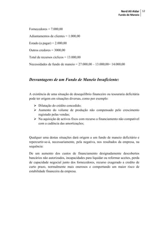 Nerd Ali Aidar
Fundo de Maneio
12
Fornecedores = 7.000,00
Adiantamentos de clientes = 1.000,00
Estado (a pagar) = 2.000,00
Outros credores = 3000,00
Total de recursos cíclicos = 13.000,00
Necessidades de fundo de maneio = 27.000,00 – 13.000,00= 14.000,00
Desvantagens de um Fundo de Maneio Insuficiente:
A existência de uma situação de desequilíbrio financeiro ou tesouraria deficitária
pode ter origem em situações diversas, como por exemplo:
 Dilatação do crédito concedido;
 Aumento do volume de produção não compensado pelo crescimento
registado pelas vendas;
 Na aquisição de activos fixos com recurso a financiamento não compatível
com a cadência das amortizações;
Qualquer uma destas situações dará origem a um fundo de maneio deficitário e
repercurtir-se-á, necessariamente, pela negativa, nos resultados da empresa, na
sequência:
De um aumento dos custos de financiamento designadamente descobertos
bancários não autorizados, incapacidades para liquidar ou reformar aceites, perda
de capacidade negocial junto dos fornecedores, recurso exagerado a credito de
curto prazo, normalmente mais onerosos e comportando um maior risco de
estabilidade financeira da empresa.
 