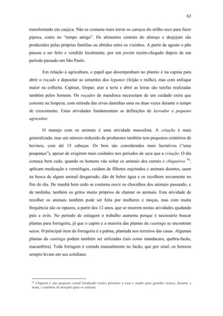 62
transformado em canjica. Não se costuma mais torrar os caroços do milho seco para fazer
pipoca, como no “tempo antigo”. Os alimentos centrais do almoço e desjejum são
produzidos pelas próprias famílias ou obtidos entre os vizinhos. A partir de agosto o pão
passou a ser feito e vendido localmente, por um jovem recém-chegado depois de um
período passado em São Paulo.
Em relação à agricultura, o papel que desempenham no plantio é na capina para
abrir o roçado e depositar as sementes dos legumes (feijão e milho), mas com enfoque
maior na colheita. Capinar, limpar, arar a terra e abrir as leiras são tarefas realizadas
também pelos homens. Os roçados de mandioca necessitam de um cuidado extra que
consiste na limpeza, com retirada das ervas daninhas uma ou duas vezes durante o tempo
de crescimento. Estas atividades fundamentam as definições de lavrador e pequeno
agricultor.
O manejo com os animais é uma atividade masculina. A criação é mais
generalizada, mas um número reduzido de produtores também tem pequenos criatórios de
bovinos, com até 15 cabeças. Os bois são considerados mais lucrativos (“uma
poupança”), apesar de exigirem mais cuidados nos períodos de seca que a criação. O dia
começa bem cedo, quando os homens vão soltar os animais dos currais e chiqueiros

58

;

aplicam medicação e vermífugos, cuidam de filhotes enjeitados e animais doentes, saem
na busca de algum animal desgarrado, dão de beber água e os recolhem novamente no
fim do dia. De manhã bem cedo se costuma ouvir os chocalhos dos animais passando, e
de tardinha, também os gritos muito próprios de chamar os animais. Esta atividade de
recolher os animais também pode ser feita por mulheres e moças, mas com muita
frequência são os rapazes, a partir dos 12 anos, que se inserem nestas atividades ajudando
pais e avôs. No período de estiagem o trabalho aumenta porque é necessário buscar
plantas para forrageira, já que o capim e a maioria das plantas da caatinga se encontram
secos. O principal item da forrageira é a palma, plantada nos terreiros das casas. Algumas
plantas da caatinga podem também ser utilizadas (tais como mandacaru, quebra-facão,
macambira). Toda forragem é cortada manualmente no facão, que por sinal, os homens
sempre levam em seu cotidiano.

Chiqueiro é um pequeno curral localizado muito próximo à casa e usado para guardar ovinos, durante a
noite, e também de berçário para os animais.
58

 