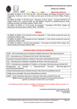 AGRUPAMENTO DE ESCOLAS GIL VICENTE

                                                                                   ESCOLA GIL VICENTE

                                      Dar a Ver | Dar a                        BIBLIOTECA ESCOLAR
    25 ABRIL 30 ANOS, nº 07 (Terra de abril - Vilar de Perdizes, de Philippe Constantini e Anna
    Glogowsky; Continuar a viver - Os índios da meia praia, de António da Cunha Telles), Público,
    2004
    25 ABRIL 30 ANOS, nº 08 (Outro país – Memórias, sonhos, ilusões… Portugal 1974/1975, de
    Sérgio Tréfaut; Se a memória existe, de João Botelho; Amanhã, de Solveig Nordlund; Duas
    histórias de prisão, de Ginette Lavigne), Público, 2004
    25 ABRIL 30 ANOS, nº 10 (O pulsar da revolução - Cronologia 1973-1976), direção de
    Boaventura de Sousa Santos, Público, 2004 – CD-ROM


                                                      MÚSICA
    25 ABRIL 30 ANOS, nº 01 (Canções de luta e liberdade 1 – Uma crónica musical dos anos da
    resistência), Público, 2004
    25 ABRIL 30 ANOS, nº 02 (Canções de luta e liberdade 2 – Uma crónica musical dos anos da
    resistência), Público, 2004
    25 ABRIL 30 ANOS, nº 09 (Os dias levantados – Uma ópera de António Pinho Vargas com
    libreto de Manuel Gusmão), Público, 2004


                                PÁGINAS WEB E SÍTIOS ELETRÓNICOS

ACIDI – Alto Comissariado para a Imigração e Diálogo Intercultural: http://www.acidi.gov.pt
APF – Associação para o Planeamento da Família: http://www.apf.pt/
Associação Portuguesa Mulheres e Desporto: http://www.mulheresdesporto.org.pt/
CIG – Comissão para a Cidadania e Igualdade de Género: http://www.cig.gov.pt/
CITE – Comissão para a Igualdade no Trabalho e no Emprego: http://www.cite.gov.pt/index.html
Direção-Geral    de   Inovação               e     Desenvolvimento          Curricular:      http://www.dgidc.min-
edu.pt/educacaocidadania/
Instituto Dinamarquês para os Direitos Humanos: http://www.humanrightscourses.dk/
Tod@s somos preciso@s: http://www.ittakesallkinds.eu/info/pt/
UMAR – União de Mulheres Alternativa e Resposta: http://www.umarfeminismos.org/
            NOTA: Caberá aos professores a exploração das páginas e dos sítios eletrónicos acima
                         sugeridos e a definição do público-alvo a que se dirigem.


     Os professores podem aceder ao catálogo da biblioteca através da página Web da escola, em
                                       “Biblioteca Escolar”.

                                                              A professora bibliotecária/coordenadora da BE,
                                                                                         Maria João Queiroga
                                                                                                  05.09.2012



1
    “A vida flutuante, diversa, acaba por nos educar no humano”, Álvaro de Campos, «Ode Marítima»       Página 10
                                Documento atualizado segundo o novo acordo ortográfico
 