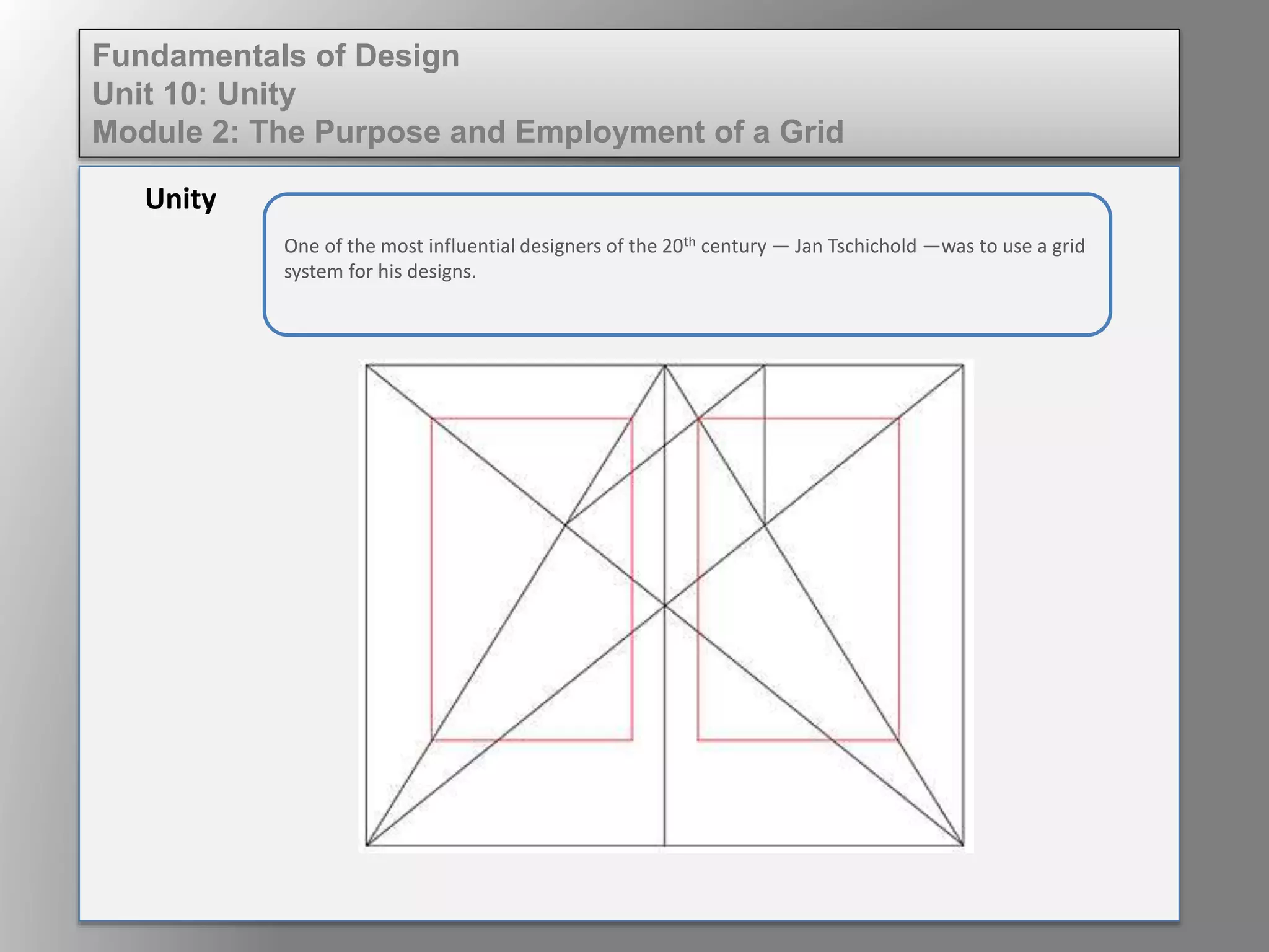 Unity
Fundamentals of Design
Unit 10: Unity
Module 2: The Purpose and Employment of a Grid
One of the most influential designers of the 20th century — Jan Tschichold —used a grid
system for his designs.