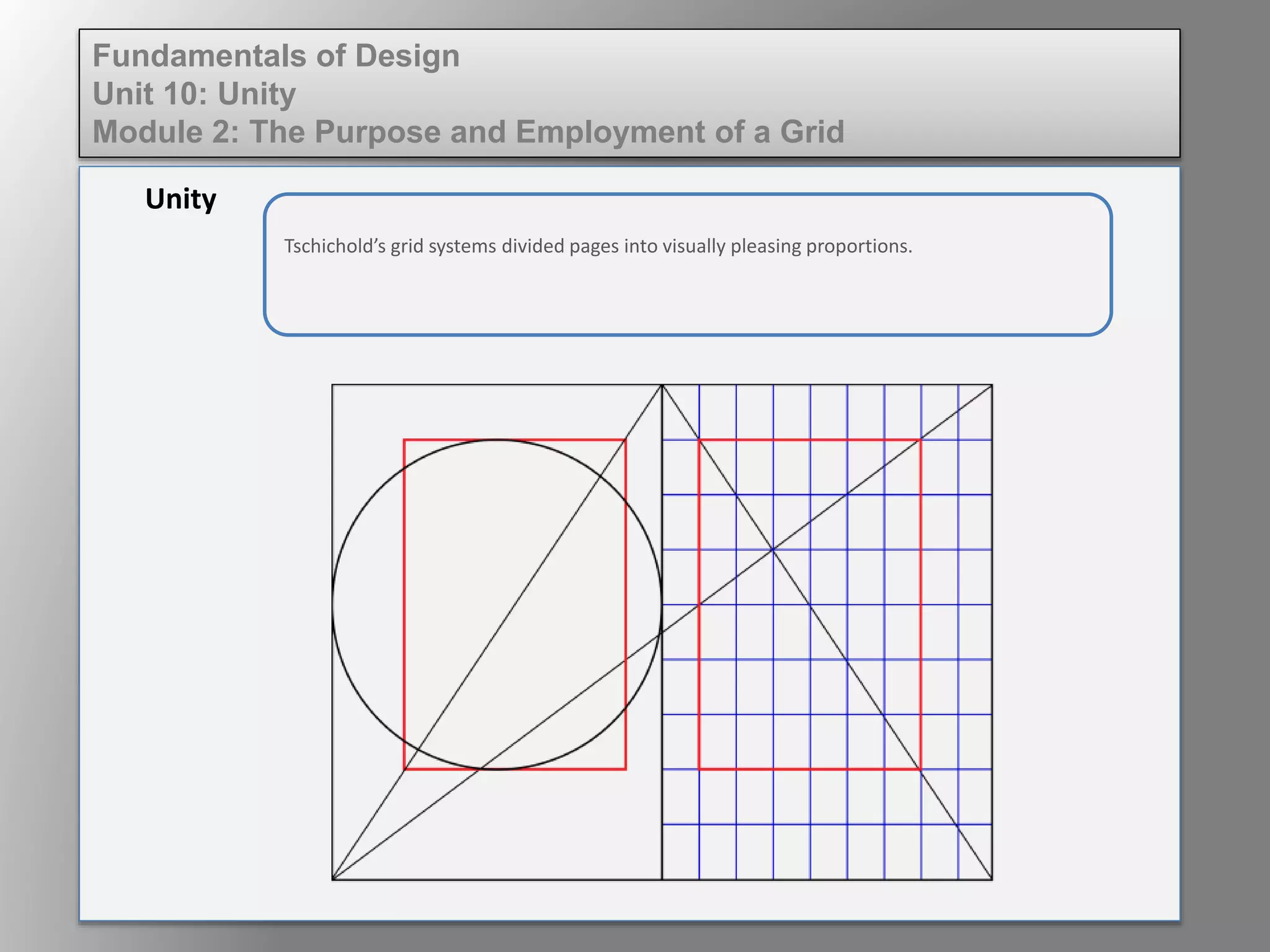 Unity
Fundamentals of Design
Unit 10: Unity
Module 2: The Purpose and Employment of a Grid
Tschichold’s grid systems divided pages into visually pleasing proportions.