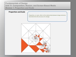 Proportion, or scale, refers to the relationship between design elements
that determine the structure of a design.
Proportion and Scale
Fundamentals of Design
Unit 11: Composition, Illusion, and Screen-Based Media
Module 1: Proportion and Scale
 