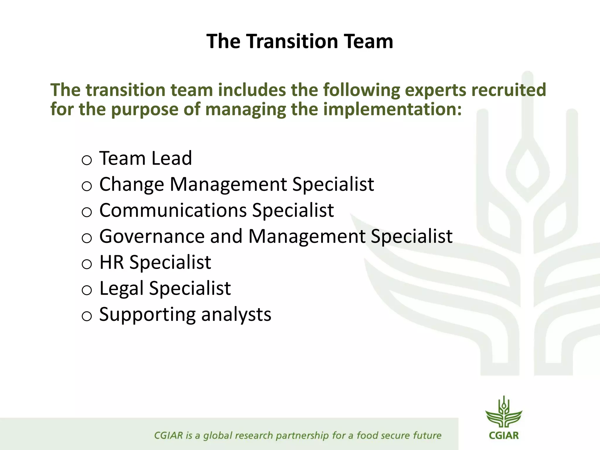 The Transition Team
The transition team includes the following experts recruited
for the purpose of managing the implementation:
o Team Lead
o Change Management Specialist
o Communications Specialist
o Governance and Management Specialist
o HR Specialist
o Legal Specialist
o Supporting analysts
 