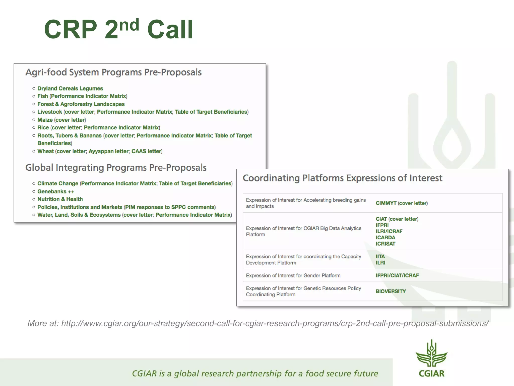 CRP 2nd Call
More at: http://www.cgiar.org/our-strategy/second-call-for-cgiar-research-programs/crp-2nd-call-pre-proposal-submissions/
 